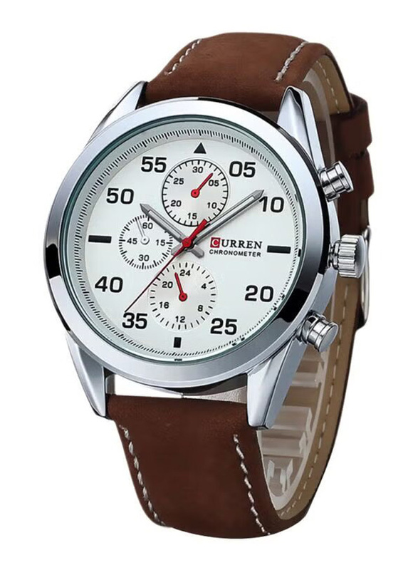 Curren Analog Watch for Men with Leather Band, Chronograph, 8156, Brown/White