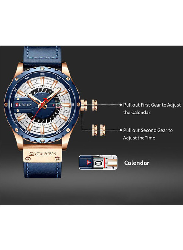 Curren 48mm Quartz Wrist Watch for Men with Leather Strap, Water Resistant, WT-CU-8224-GR, Blue-White/Blue