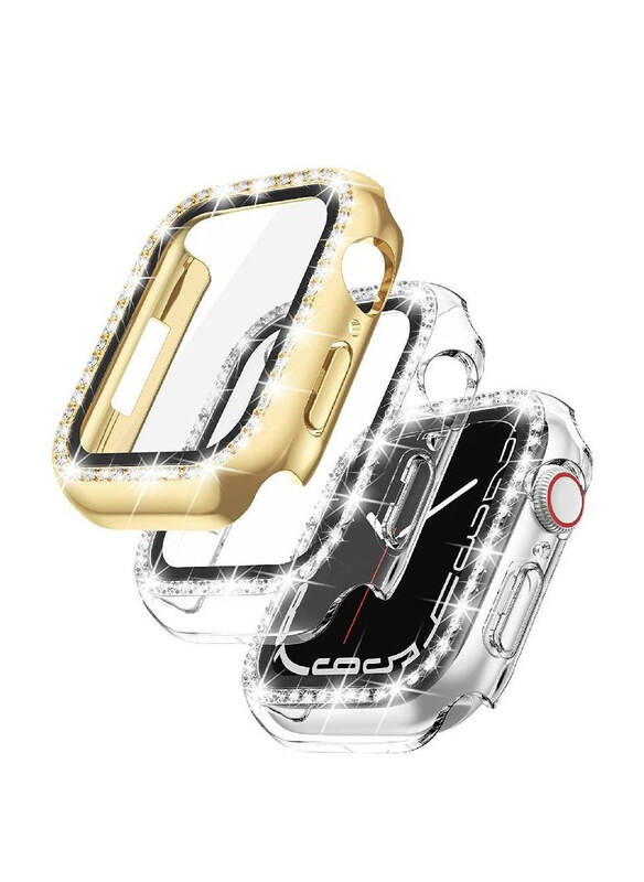 

Generic 2-Piece Diamond Watch Cover Guard with Shockproof Frame for Apple Watch 45mm, Clear/Gold