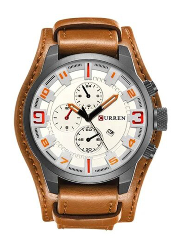 Curren Analog Watch for Men with Leather Band, NNSB03700285, Brown/White
