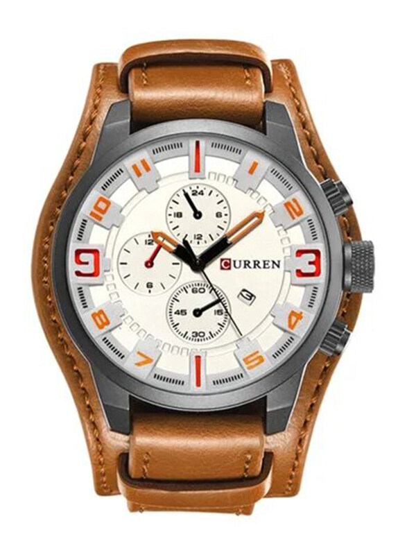 

Curren Analog Watch for Men with Leather Band, NNSB03700285, Brown/White