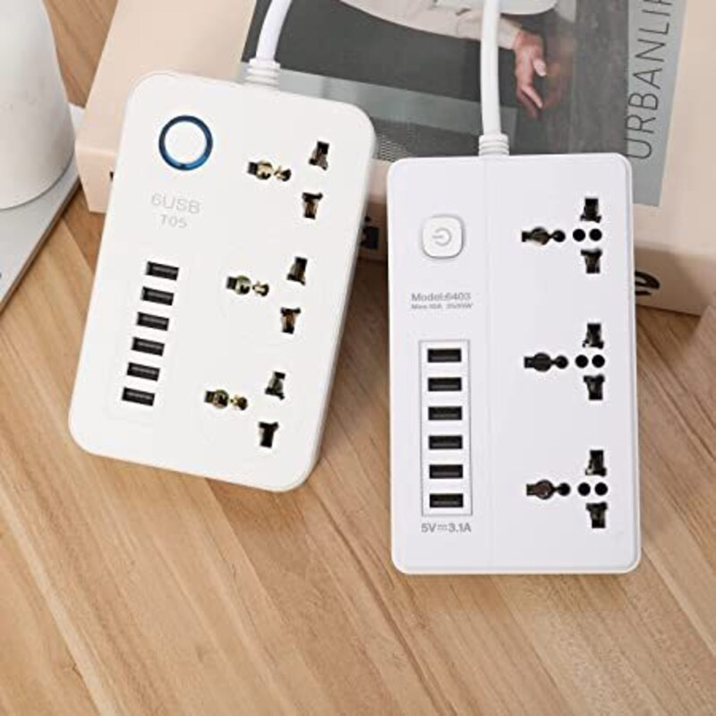 Direct 2 U Power Strip Surge Protector with USB Extension Cord Flat Plug with Widely 3 AC Outlet and 6 USB, White