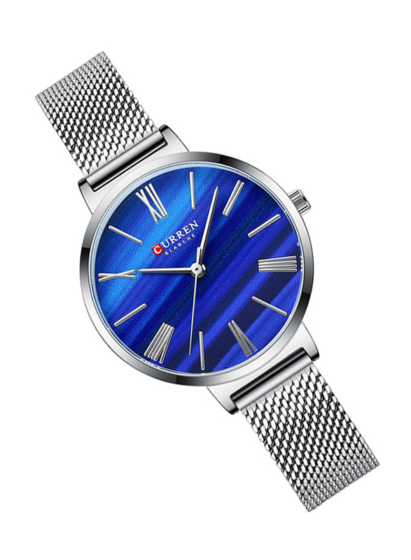 Curren Analog Watch for Women with Stainless Steel Band, Water Resistant, 9076, Silver-Blue
