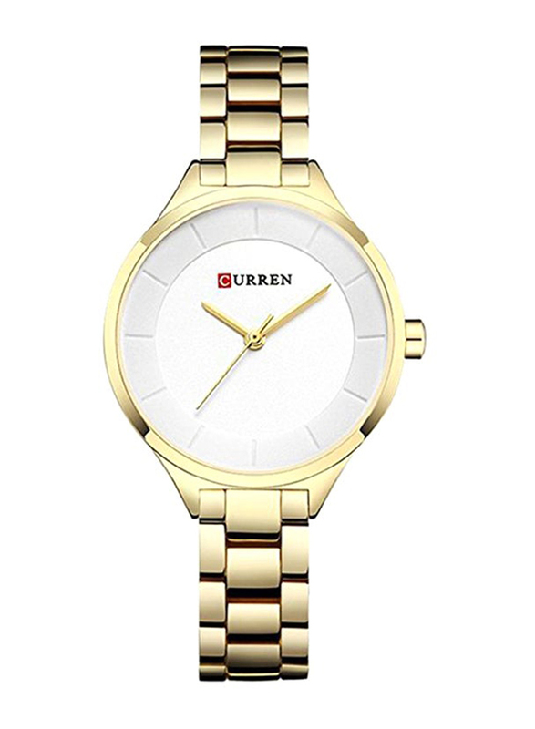 Curren Analog Watch for Women with Stainless Steel Band, Water Resistant, WT-CU-9015-GO2#D2, White-Gold