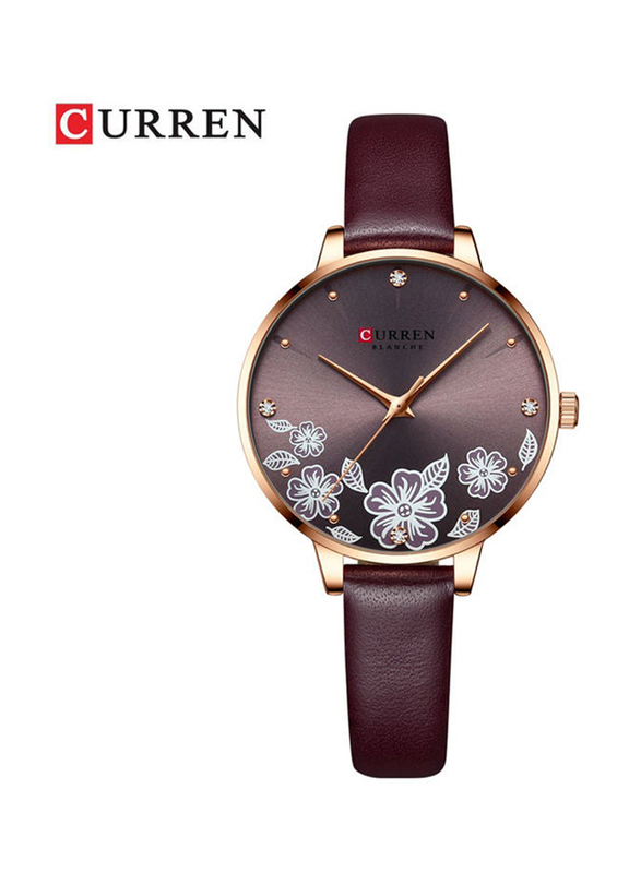 Curren Analog Watch for Women with Leather Band, Water Resistant, J-4896BU, Burgundy-Burgundy