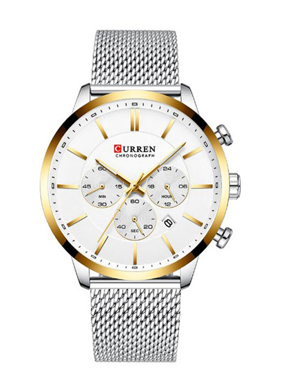 Curren Analog Watch for Men with Stainless Steel Band, Water Resistant and Chronograph, 8340, Silver-White