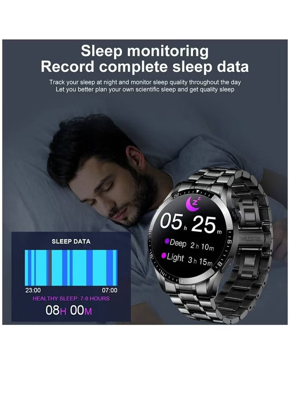 Stainless Steel IP67 Waterproof Fitness Smartwatch with Heart Rate, Sleep Monitor, Pedometer, Black