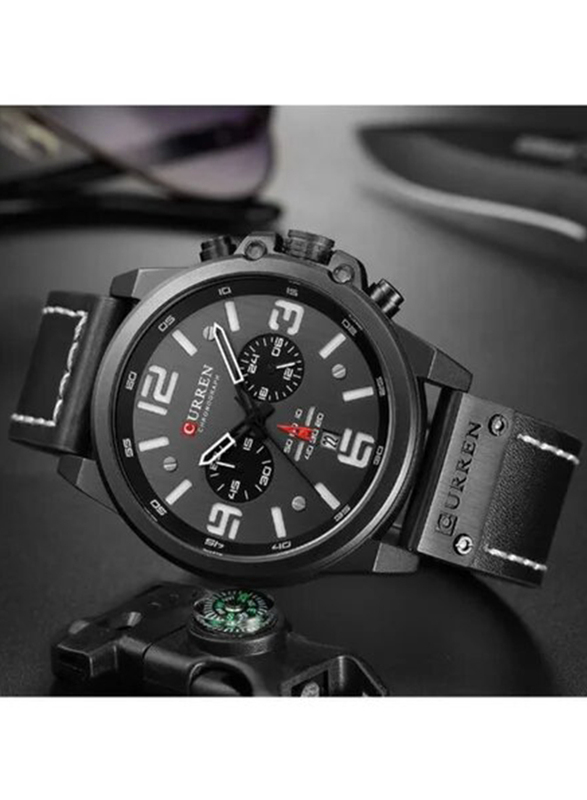 Curren Analog Watch for Men with Leather Band, Chronograph, J4370-2-KM, Black/Black