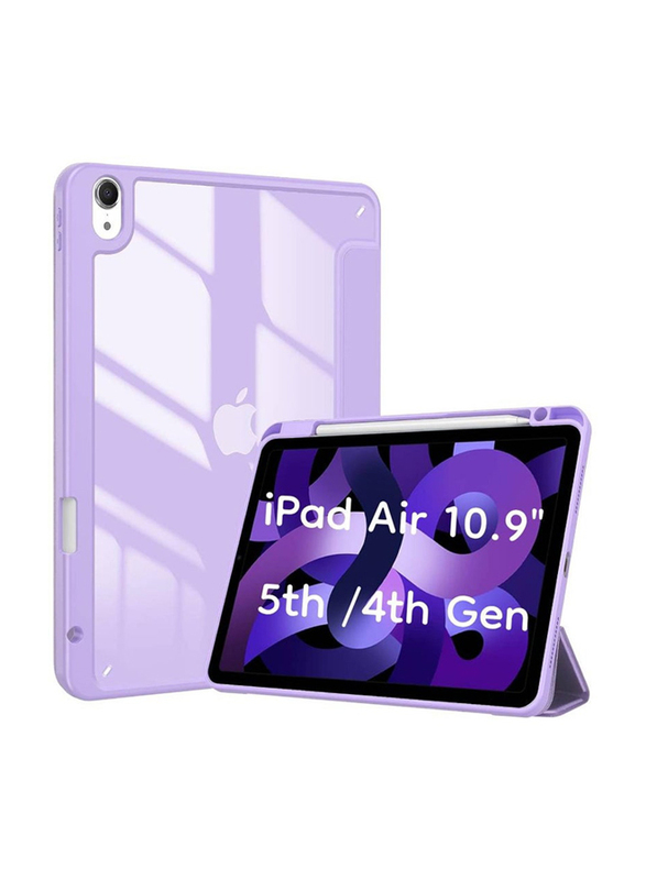 

HYX Apple iPad Air 10.9-inch 5th/4th Generation Transparent Back Shell Trifold Protective Smart Tablet Case Cover With Pencil Holder, Purple