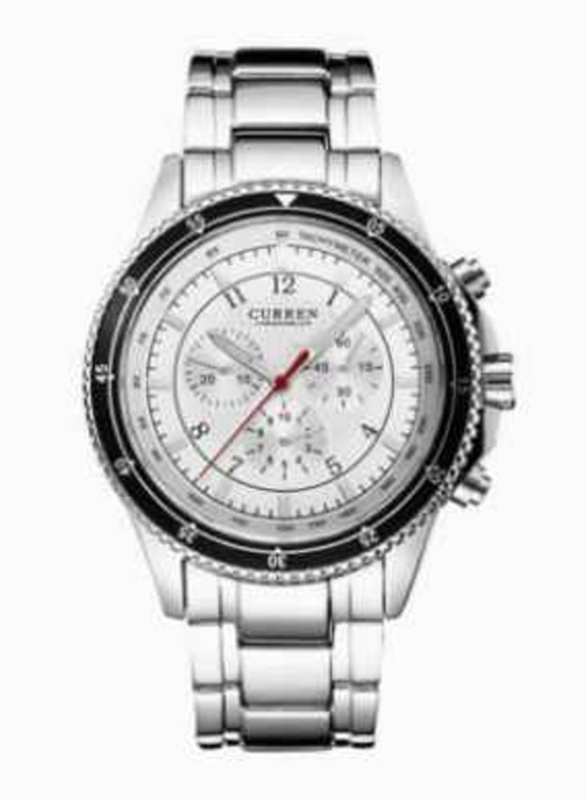 Curren Analog Watch for Men with Stainless Steel Band, Water Resistant and Chronograph, 8055, White-Silver