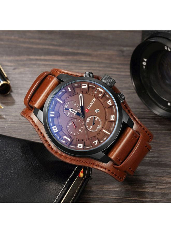 Curren Analog Watch for Men with Leather Band, Water Resistant and Chronograph, J3618K-KM, Brown