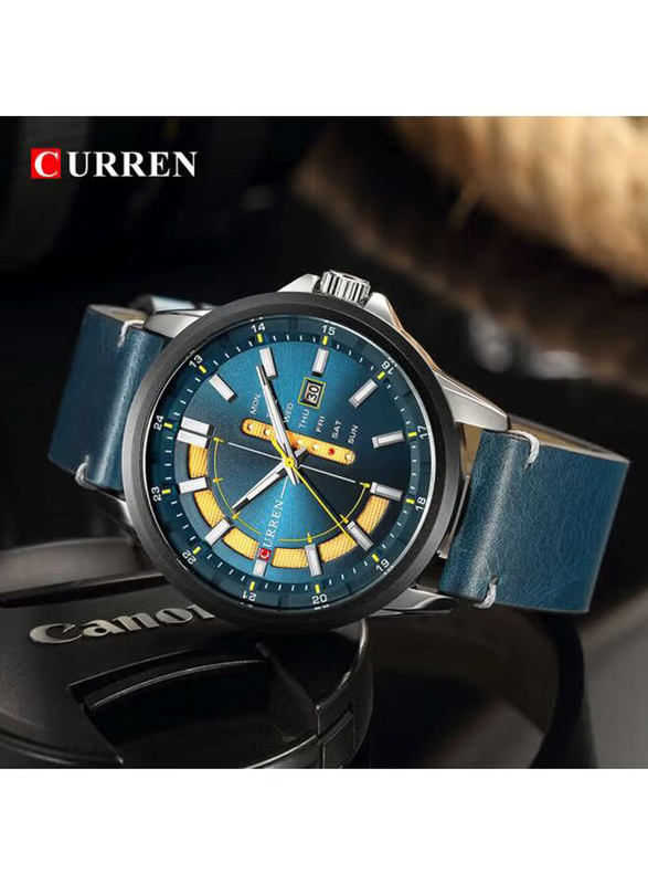 Curren Analog Watch for Men with Leather Band, Water Resistant, 8307, Blue/Blue-Gold