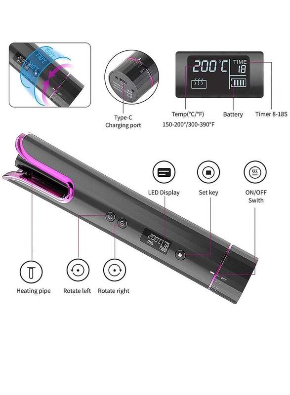 Cordless Automatic Curling Iron with LCD Display and 4 Adjustable Temperature Portable USB Rechargeable For Hair Styling