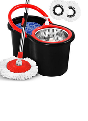 Spin Mop With Bucket For Floor Cleaning Microfiber Mops & Bucket with Wringer Set, Black/Red