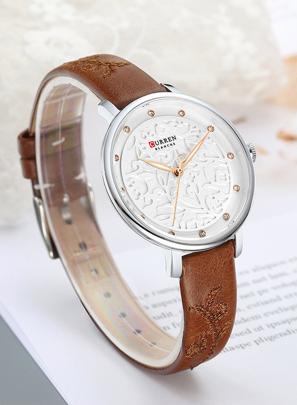 Curren Analog Watch for Women with PU Leather Band, 4341, White/Brown
