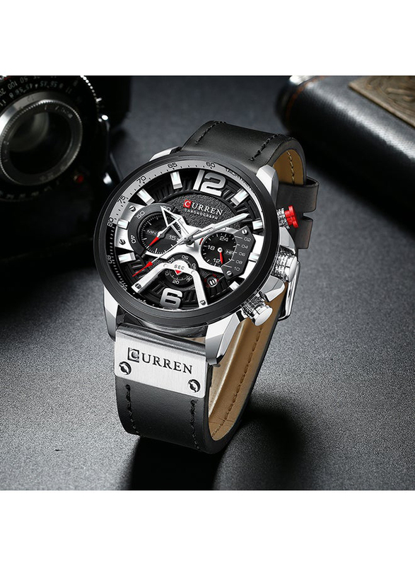 Curren Analog Watch for Men with Leather Band, Water Resistant and Chronograph, J381B, Black