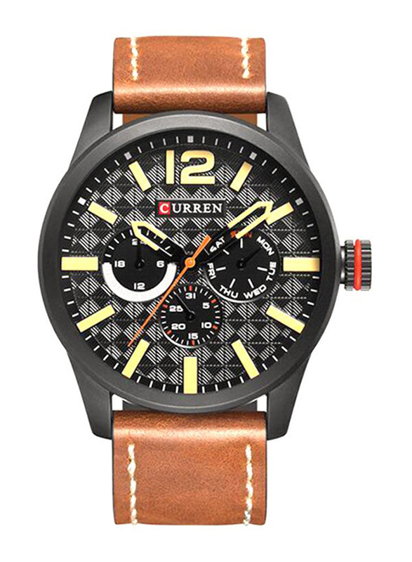 Curren Analog Watch for Men with Leather Band, Water Resistant & Chronograph, 8247, Black/Grey/Brown