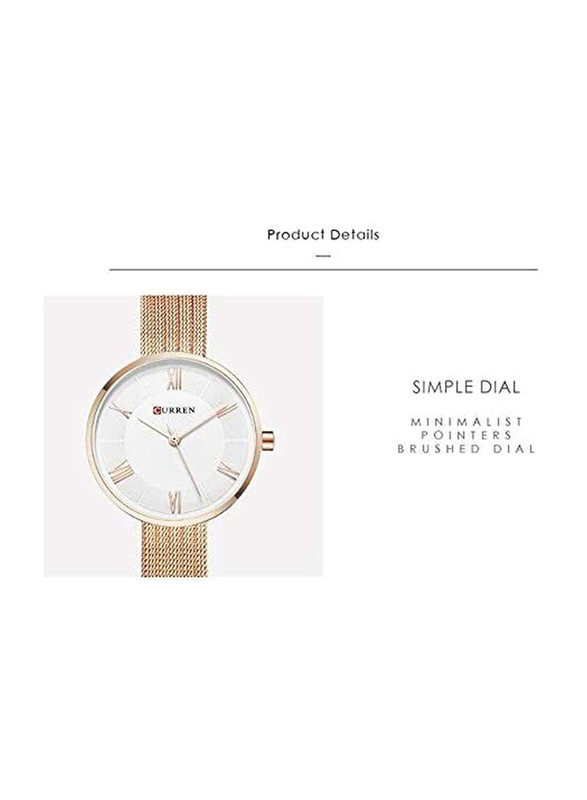 Curren Analog Watch for Women with Stainless Steel Band, Water Resistant, 9020, Rose Gold-White