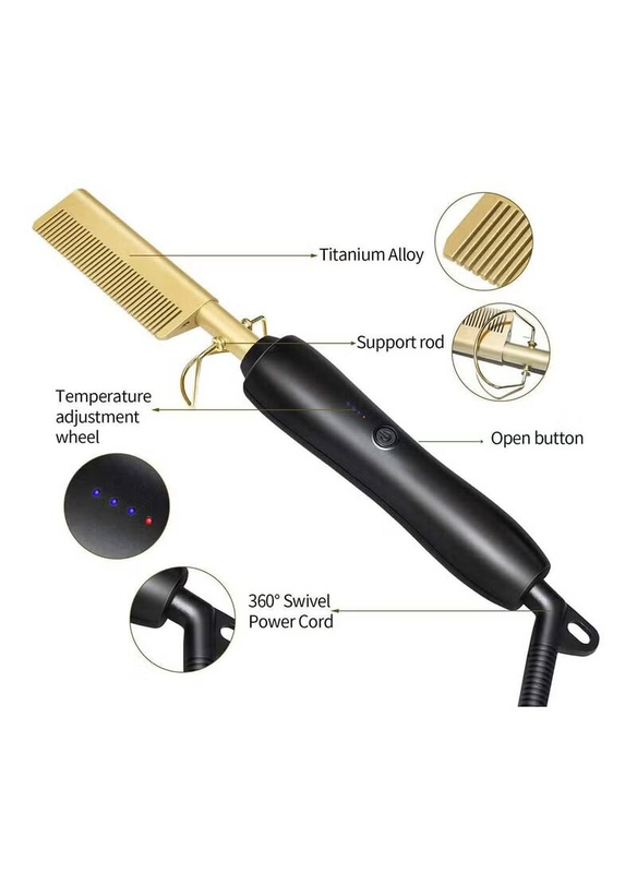 Arabest Ceramic Wand Curling Irons Lightweight Protective Electric Hot Hair Comb Straightener Wigs, Gold/Black