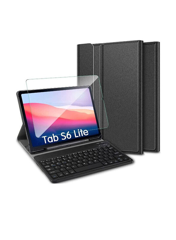 

Generic Protective Leather Smart Detachable Waterproof Magnetic Folio Stand Tablet Wireless English Keyboard with Tempered Glass Screen Protector, Black