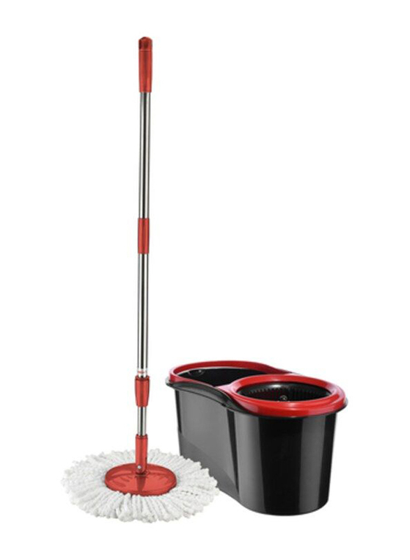 Royalford 16L Bucket & Modern 360 Degree Spinning Mop & Set with Extended Easy Press Stainless Steel Handle & Easy Wring Dryer Basket, Rf8559, Black/Red