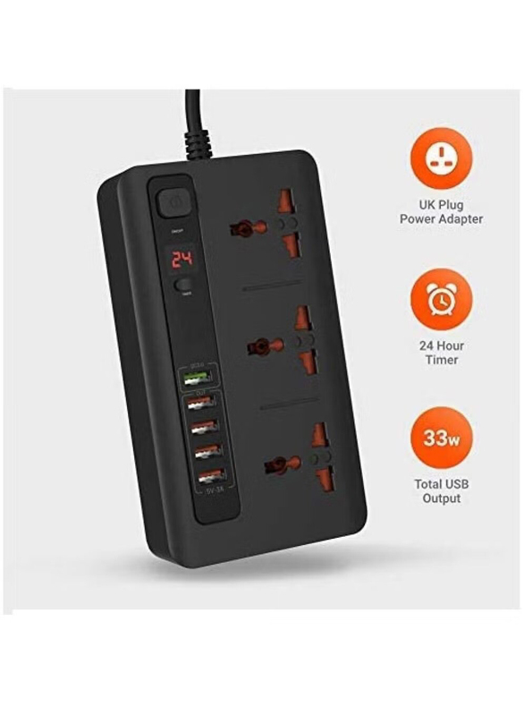 XiuWoo Power Socket Strip 4 USB Port 3.4A + 1 Quick Charge 3.0 with 3 Universal Power Sockets 10A Independent Power Switch with Timer, Black
