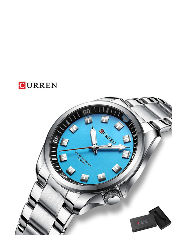 Curren Luxury Military Analog Sports Watch for Men with Stainless Steel Band, Quartz Movement and Water Resistant, 8451, Silver-Blue