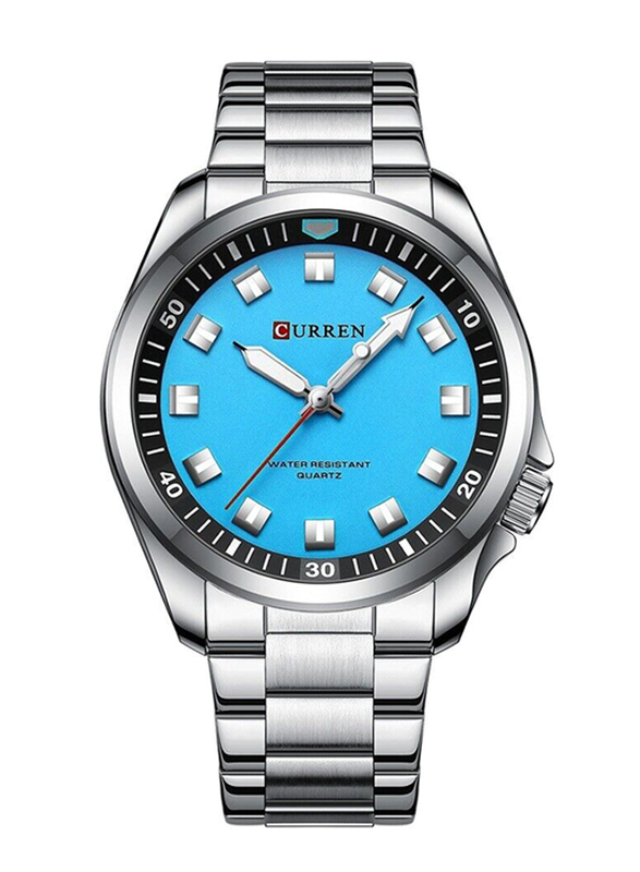 Curren Analog Watch for Men with Stainless Steel Band, Water Resistant, 8451, Silver-Blue