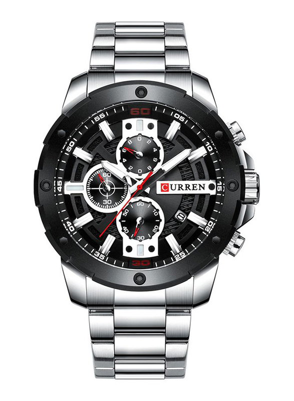 Curren Analog Watch for Men with Stainless Steel Band, Water Resistant & Chronograph, J4057S-KM, Black/Silver