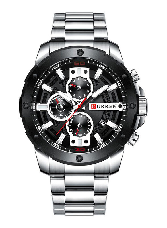 

Curren Analog Watch for Men with Stainless Steel Band, Water Resistant & Chronograph, J4057S-KM, Black/Silver