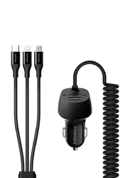 3 in 1 Ultra Fast USB Port Car Charger, with USB to Multiple Types Charge Cable, Black