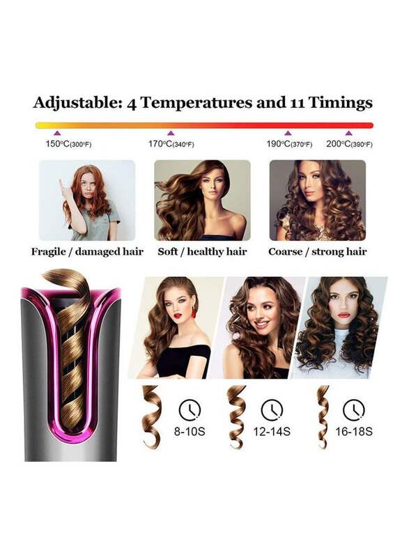 Adjustable Automatic Hair Curling Iron with LCD Display Grey/Pink