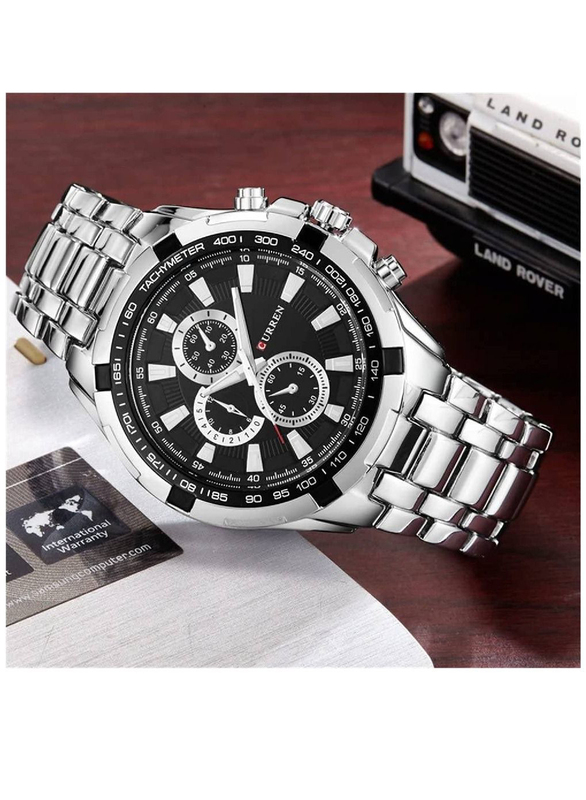 Curren Fashion Casual Quartz Analog Watch for Men with Stainless Steel Band, Chronograph, Black/Silver