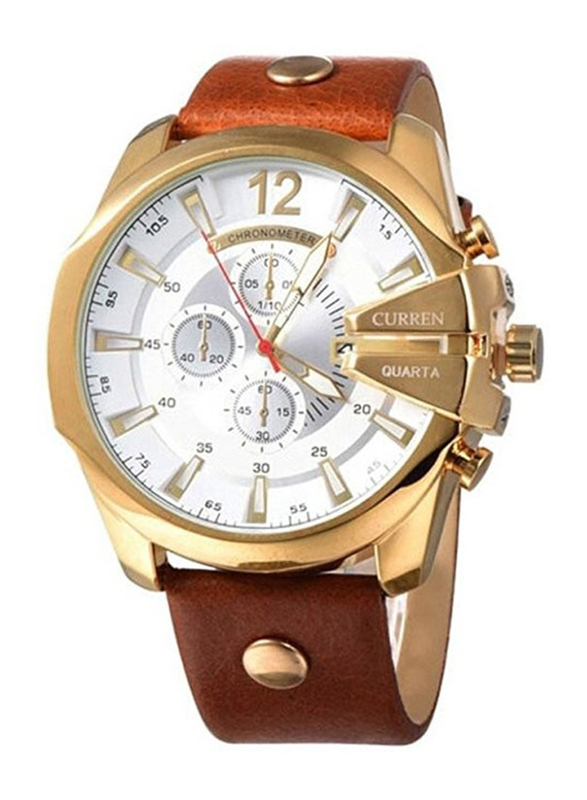 Curren Analog Watch for Men with Leather Band, Water Resistant and Chronograph, WT-CU-8176-GO#D5, Brown-White