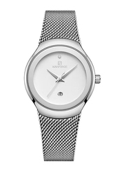 Naviforce Analog Wrist Watch for Women with Stainless Steel Band, Water Resistant, NF5004 S/W, Silver-White