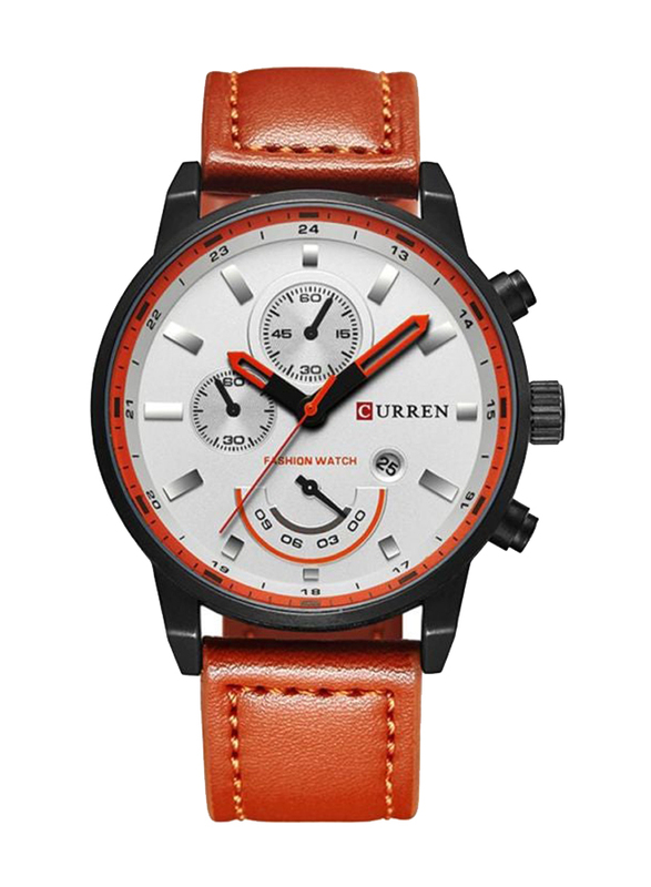 Curren Analog Watch for Men with Leather Band, Chronograph, M-8217-1, Brown-White