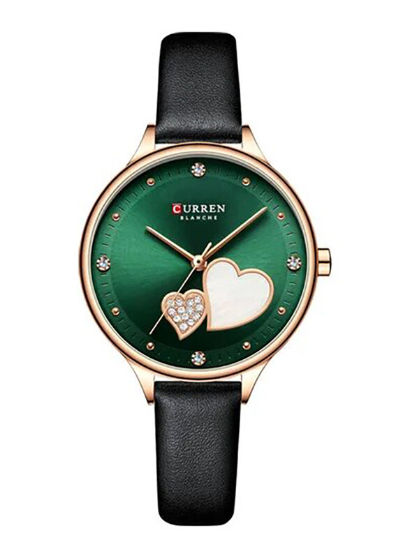 Curren Stone Studded Analog Watch for Women with Leather Band, J-4781GR, Black/Green