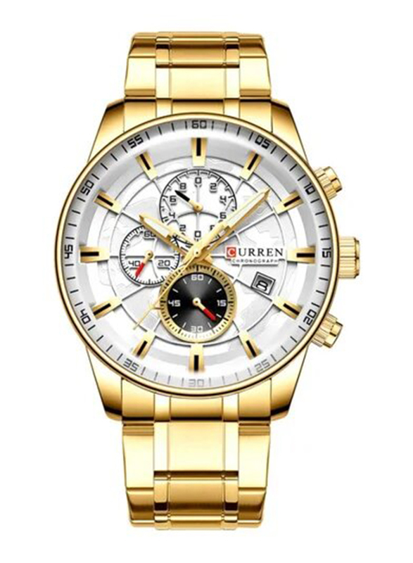 Curren Analog Watch for Men with Stainless Steel Band, Chronograph, J4518G-S-KM, Gold/White