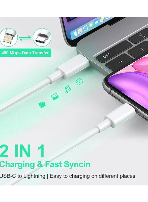 2-Meter Lightning Charger Cable Sync, Fast Charging USB C Male to Lightning for Apple iPhone Devices, White