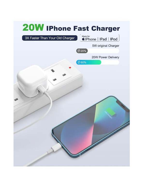 20W USB C Fast Charger For iPhone 14 Plus/14/14 Pro/14 Pro Max/ 13 12 11 Pro Mini XS XR X iPad With 1.5m Cable White
