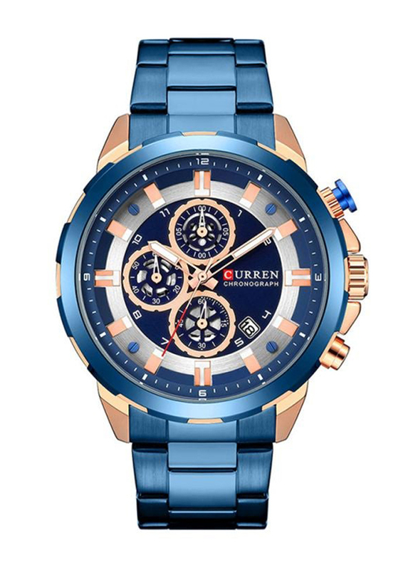 Curren Analog Watch for Men with Stainless Steel Band, Water Resistant and Chronograph, J4172RBL-KM, Blue