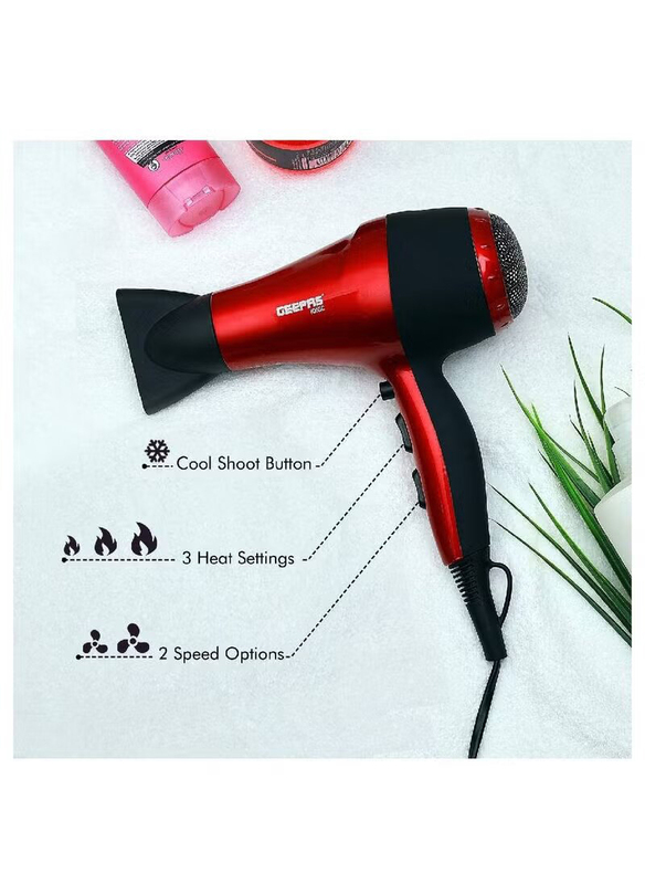 Geepas 2000W 2 Speed 3 Heat Cool Shot Ionic Hair Dryer, Red