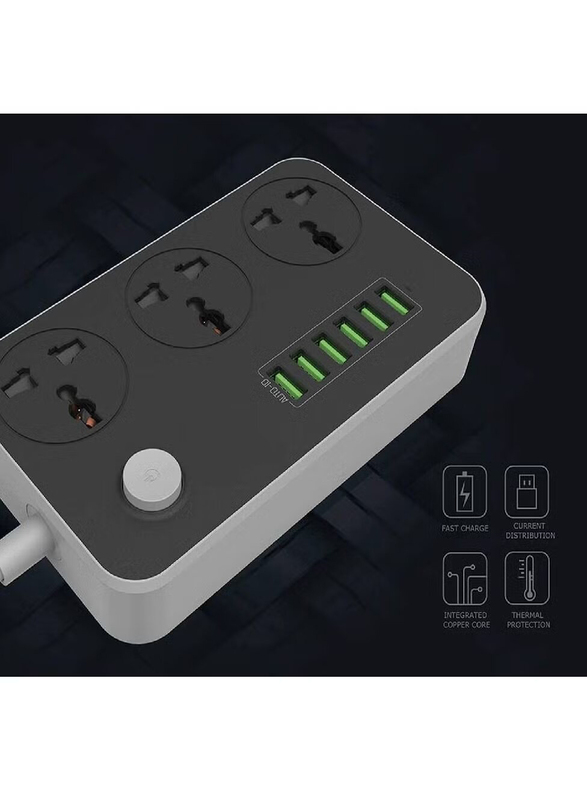Universal Power Strips 3 Way Outlets 6 USB Plug Ports Surge Protection Power Socket Switch Portable Charger, Black/Grey