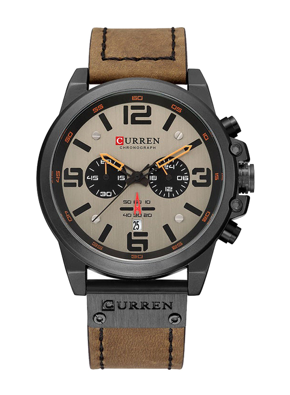 Curren Analog Watch for Men with Leather Band, Chronograph, Brown-Grey