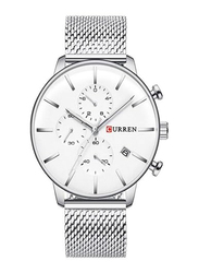 Curren Analog Watch for Men with Stainless Steel Band, Water Resistant and Chronograph, 8339, White-Silver