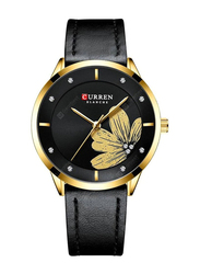 Curren Analog Watch for Women with Leather Band, Water Resistant, 9048, Black-Gold/Black