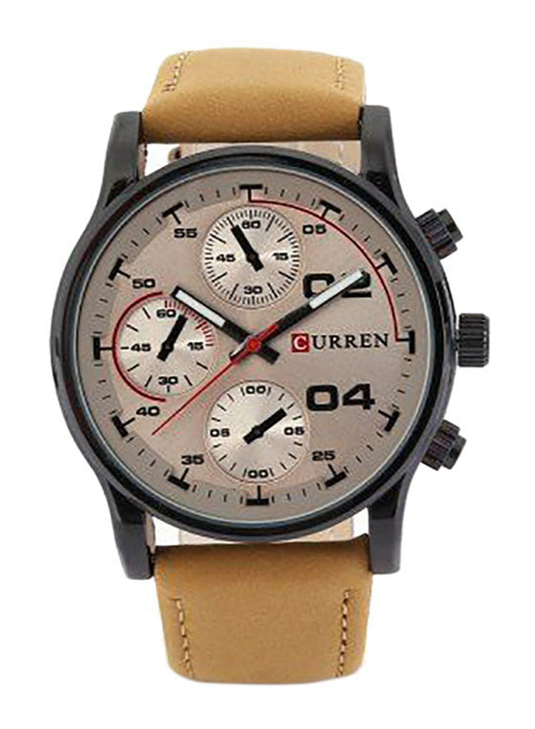 Curren Analog Watch for Men with Leather Band, Water Resistant and Chronograph, Beige
