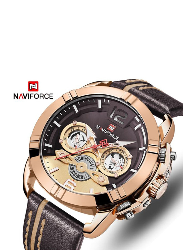 Naviforce Analog Watch for Men with Leather Band, Water Resistant & Chronograph, NF9168, Gold/Brown