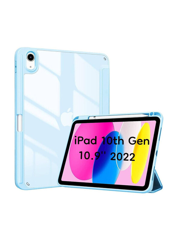 

Hyx Apple iPad (10th Generation) with Pencil Holder Transparent Shell Trifold Protective Shockproof Tablet Phone Back Case Cover, Sky Blue