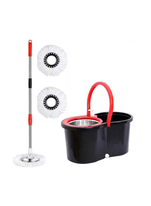 Spin Stainless Steel Handle Mop Bucket with Wringer Set & Floor Cleaning System Easy Wring Foot Pedal, Black/Red